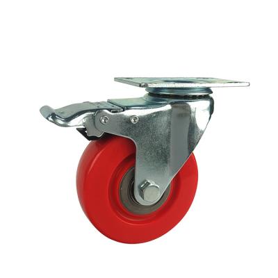 Red PVC swivel caster wheel with double brakes